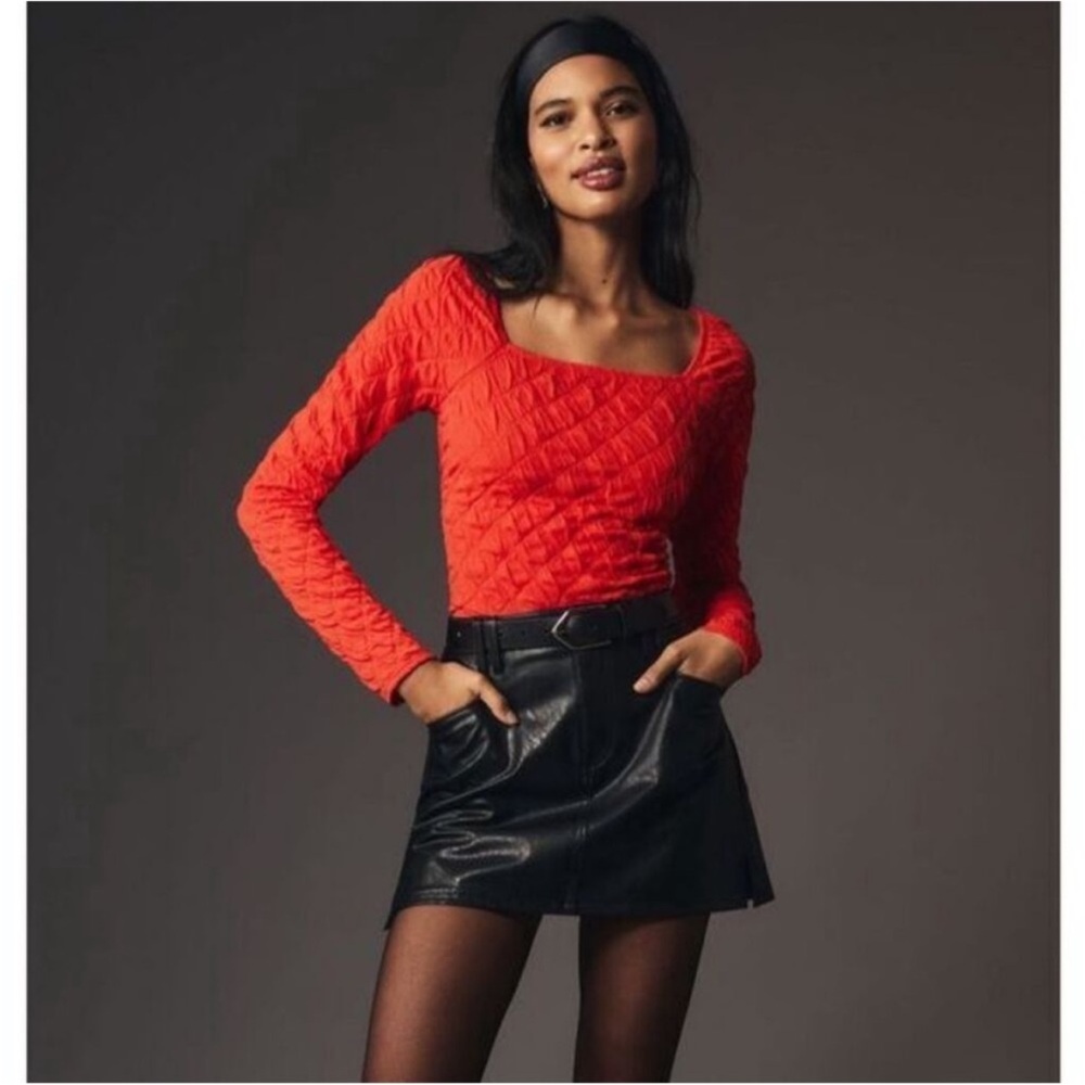 NWT Anthropologie Maeve Long Sleeve Popcorn Crop Top Red Modern Square Stretch